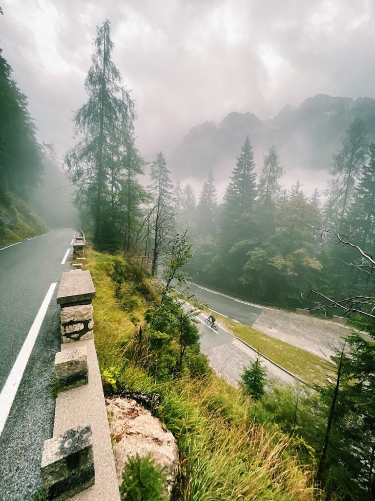 Vrsic Pass climbing in fog - Self-Guided Cycling tour in Slovenia